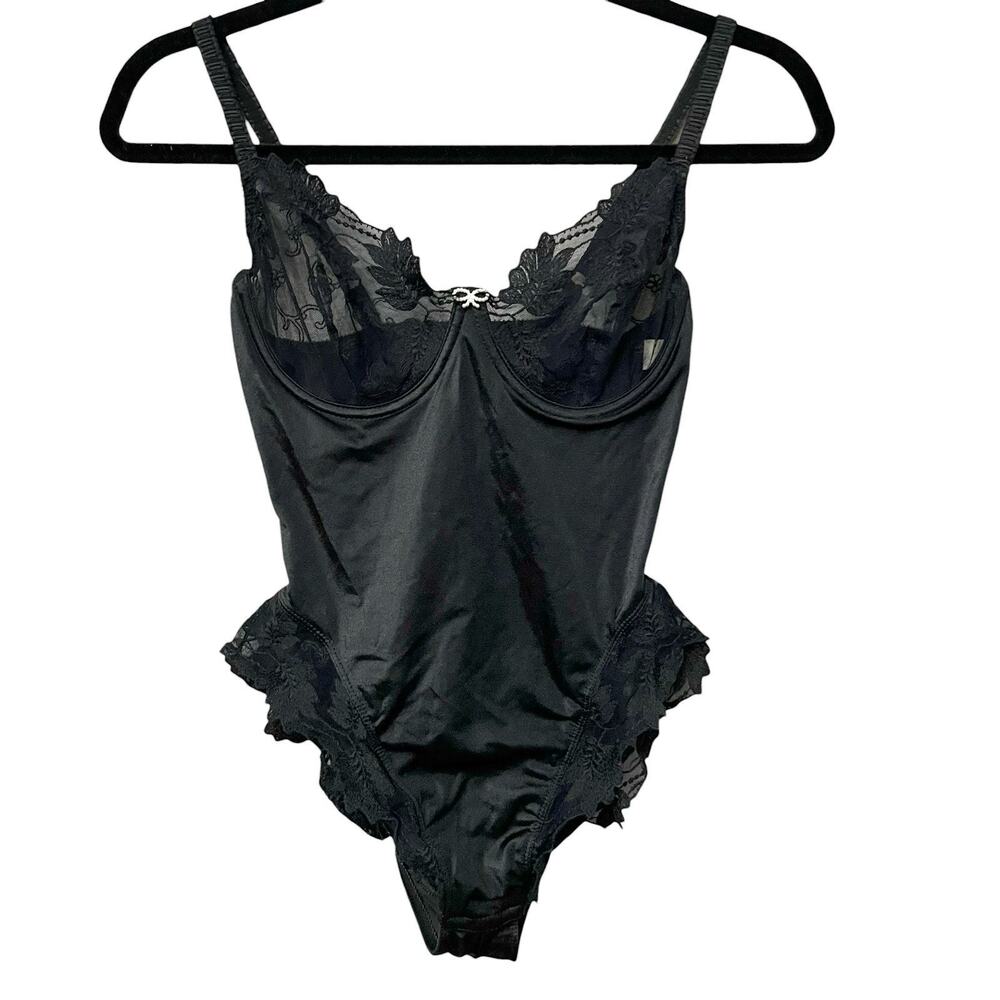 90s Y2K VTG Jezebel Teddy Lingerie 36C Black Lace Ruffle Bow Semi Sheer